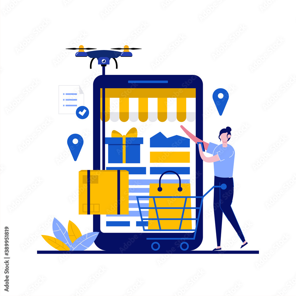 Poster drone delivery concept with character. people using mobile app for ordering, fast shipping box packa