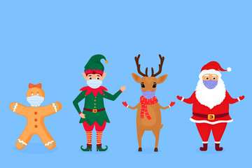 Santa Claus, elf, deer and gingerbread man in protective face masks