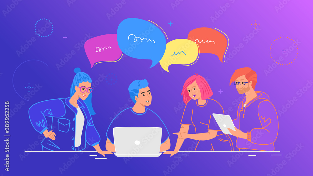 Aufkleber four guys working as team and talking with speech bubbles. flat line vector illustration of people w