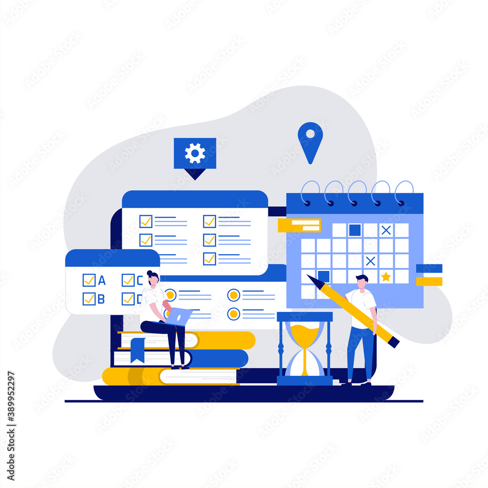 Poster online exam test concept with character. people using computer app for online testing form survey or