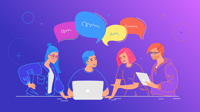 Four Guys Working As Team And Talking With Speech Bubbles. Flat Line Vector Illustration Of People With Laptop And Digital Tablet Discussing The Project At Work Desk. Teamwork On Gradient Background