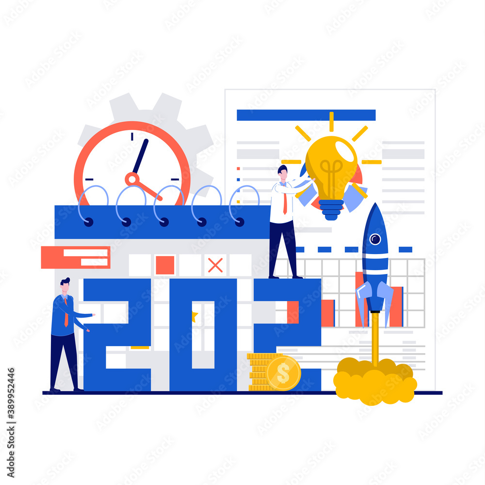Poster business project startup process concept for new year 2021 with character. idea through planning and