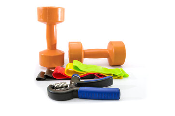 dumbbells, expander and elastic bands for fitness on a white background.
