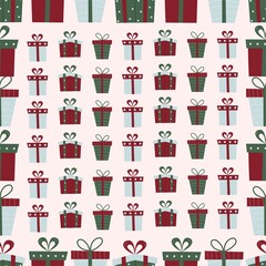 Obraz premium Seamless Christmas pattern. Holiday gift boxes with a pattern, ribbons
