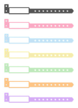 Vector set of empty template of bracelet or wristband for a hospital or party event festival in the most common colors. Bracelets with safety lock, place for text, or logo isolated on white background