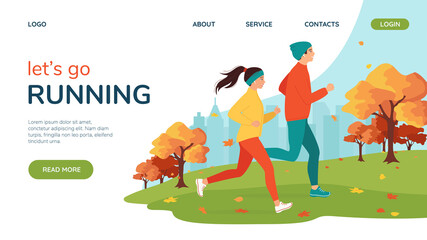 Young woman and man running in the city autumn park. Landing page concept, template. Active family healthy lifestyle, jogging, city competitions, running marathons, cardio workouts.Vector illustration