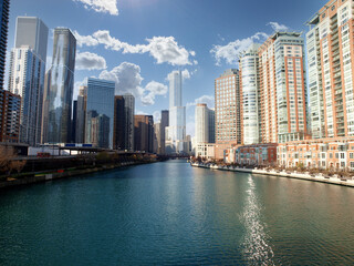 View of downtown buildings along the Chicago River in Cook County Illinois.  