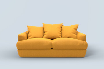 Yellow couch with pillows on studio grey background.