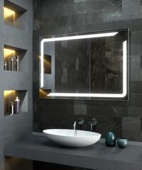Modern bathroom interior with stylish illuminated mirror and sink. 3d rendering