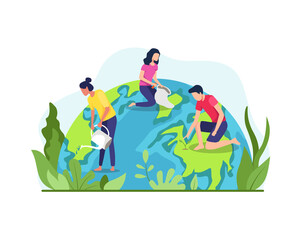 Vector illustration of Save the planet earth. The concept of the Earth day vector, Environmental protection. Group of people or ecologists taking care of Earth and saving planet. Vector in flat style