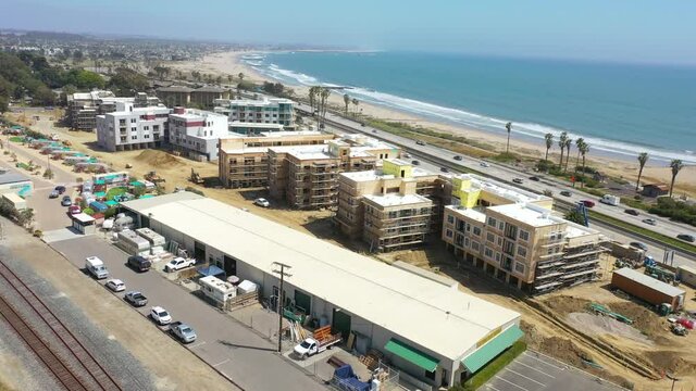Aerial of condos and development construction along the Pacific Coast near Ventura, California.