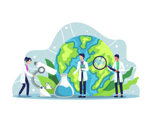 Ecologist taking care of Earth and nature. Scientist taking care of nature and study ecological environment. Ecological activist, Air, Soil and Water protection. Vector illustration in a flat style
