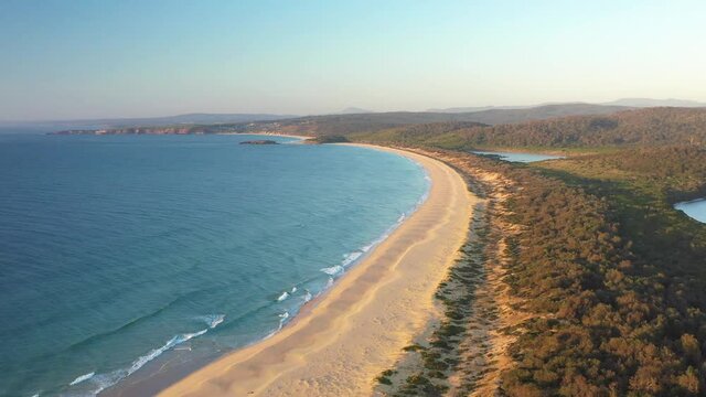 2020 - An excellent aerial view of the coastline on Kianinny Bay at Bournda National Park in New South Wales, Australia.