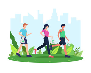 Vector illustration Plogging. Run and clean, Plogging movement or marathon. Man and woman picking up litter during plogging in park or outdoor. Collect garbage while running. Vector in flat style