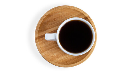 White cup with coffee on wooden saucer on a white background. View from the top. High quality photo