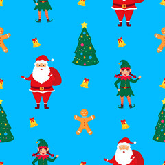 Santa Claus with a bag of gifts, elf and gingerbread man. Christmas and New Year's seamless pattern