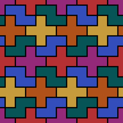 Obraz premium Repeated color puzzle on black background. Seamless surface pattern design with logic mosaic ornament. Tetris motif. Grid wallpaper. Digital paper for page fills, web designing, textile print. Vector.