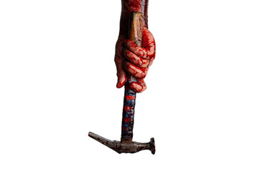 Bloody hand with a hammer isolated on a white background.