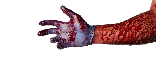 Bloody hand in medical gloves isolated on white background.