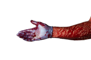 Bloody hand in medical gloves isolated on white background.