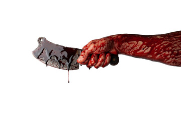 Bloody hand with an ax isolated on a white background.