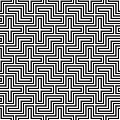 Repeated black puzzle on white background. Seamless surface pattern design with logic mosaic ornament. Tetris motif. Grid wallpaper. Digital paper for page fills, web designing, textile print. Vector.