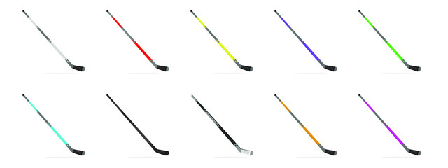 A set of hockey sticks in different colors. Vector illustration. Isolated objects on a white background.