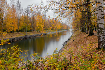 View of the Vääksu canal, in autumn, yellow birches on the bank and reflection in the water. It's a nasty day .