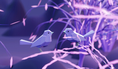 two beautiful lovers low poly polygonal birds sitting on a branch tree in fairy forest, 3d render