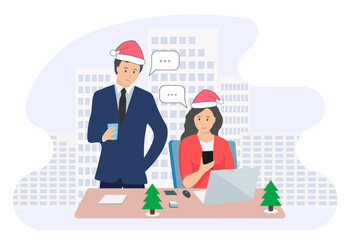 Vector illustration of New year and business office employees. Business and New year. Christmas. 