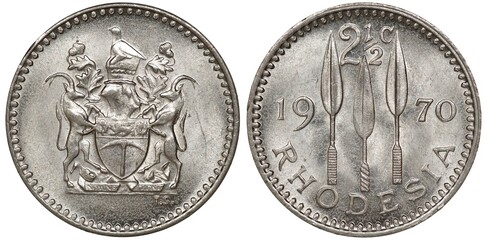 Rhodesia Rhodesian coin 2 1/2 two and a half cent 1970, shield with supporters, three spearheads,