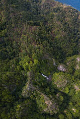 A top aerial panorama taken from drone of Lotrisor Waterfall and Lotrisor Gorges, in Cozia national Park, Carpathia, Romania.