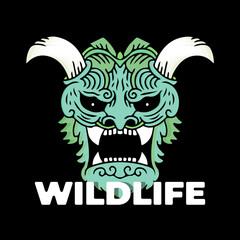 Japanese Devil head with wildlife typography illustration for poster, sticker, or apparel merchandise.With tribal and hipster style.