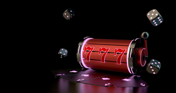Lucky seven 777 slot machine, playing cards and dice. Vegas casino game. Chance of good luck in gambling. 3d rendering.