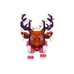 Cute Christmas deer with scarf and garland. Pixel art style. Vector illustration