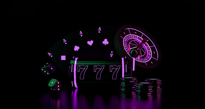 Lucky seven 777 slot machine, playing cards, casino roulette, casino chips and dice. Vegas casino game. Chance of good luck in gambling. 3d rendering.