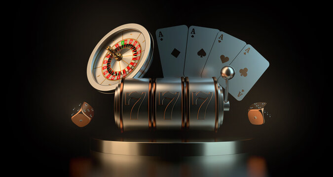 Lucky seven 777 slot machine, playing cards, casino roulette and dice. Vegas casino game. Chance of good luck in gambling. 3d rendering.