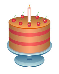 Cherry cake with a candle. Birthday cake on a stand - vector full color illustration. Puff cake decorated with cherries and candles - festive sweets.