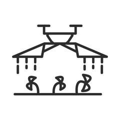 The drone monitors the crops in the fields.A quadcopter watering dying plants. Modern smart farm soil fertilization.Outline vector illustration.Drone farm.