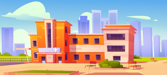 Hospital building, town clinic. Vector cartoon cityscape with exterior of modern medical office. Concept of healthcare, medicine center, first aid and treatment service