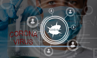 virtual illustration of covid. Doctor holding antiviral drugs, anti-viral drug against COVID-19 virus or coronavirus and modern virtual screen interface icons.