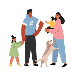 Portrait of a happy family. Mom is holding her son, dad and daughter, a dog. Great parents with children. Vector family day illustration