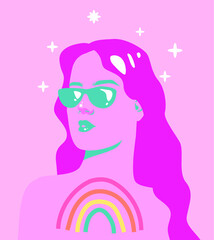 Stylish woman in sunglasses on pink background. Girl power, feminism issues, conceptual minimal illustration.