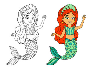 Vector coloring book with a mermaid. Black and white and color sample of the coloring page. A water girl with a fish tail, decorations of stars and shells waving her hand. Coloring book for children