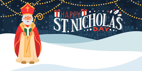 Saint Nicholas holding gift. St. Nicolas in the winter city with greeting lettering. 