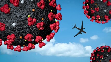 airplane flying between coronavirus. Concept of Bankruptcy and impact of Covid-19 pandemic on airline companies. - Powered by Adobe