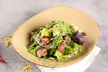 Salad with veal and herbs. Romano salad, frieze, coriander, onion and arugula in a beige plate on a grey table. Background image, copy space