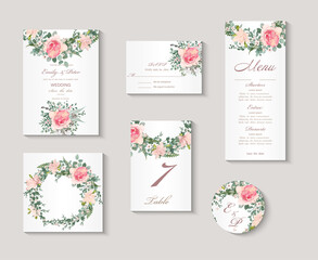 Wedding invitation, menu, information, label, card design with  gently pink watercolor flowers. Template set. Vector illustration. 