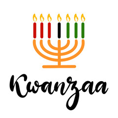 Happy Kwanzaa handwritten text for traditional african american ethnic holiday vector illustration. Concept design for greeting card with kinara and burning black, red, green colored candles.