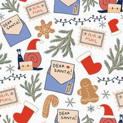 Vintage decorative seamless vector pattern of Christmas mail symbols